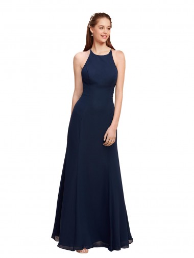 Cheapest High Halter Fit and Flare Long Chiffon Prom Dress with Criss Cross Low Back