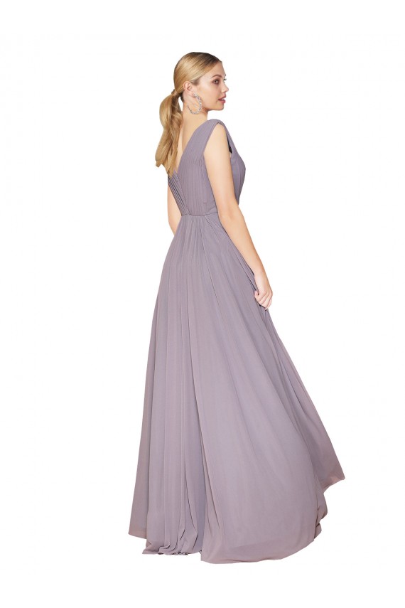 Cheapest Draped Floor Length High Neck V-Back Chiffon Prom Dress with Shirred Bodice