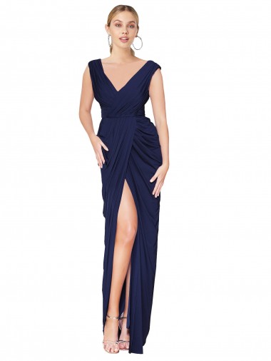 Cheapest Draped V-Neck Long Chiffon Prom Dress with Front Slit