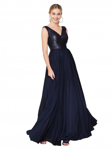 Cheapest High Neck V-Neck Long Chiffon Prom Dress with Sequin Top