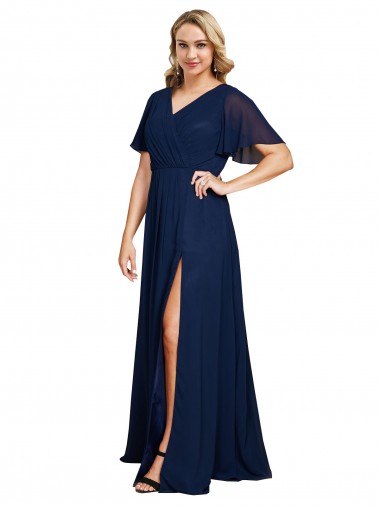Cheapest Chiffon V-Neck Short Sleeves Long Prom Dress with High Slit