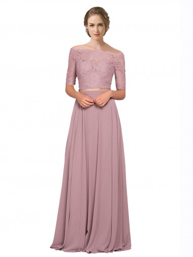 Cheapest Off the Shoulder Lace Crop Top A-Line Chiffon Prom Dress