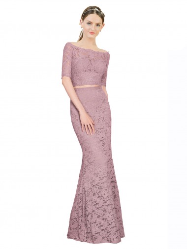 Cheapest Short Sleeves Crop Top Mermaid Lace Prom Dress