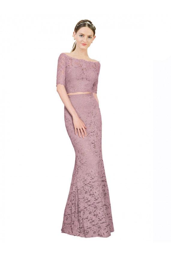 Cheapest Short Sleeves Crop Top Mermaid Lace Prom Dress