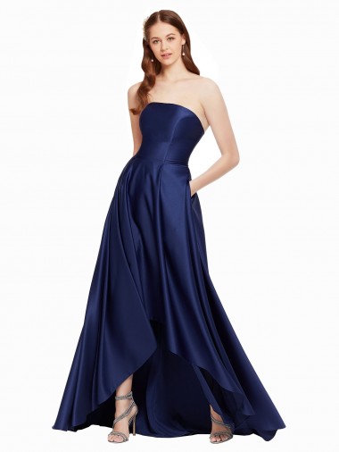 Cheapest High Low Strapless Satin Prom Dress with Pockets