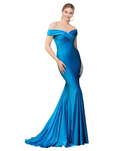 Cheapest Off the Shoulder Long Chapel Train Satin Prom Dress