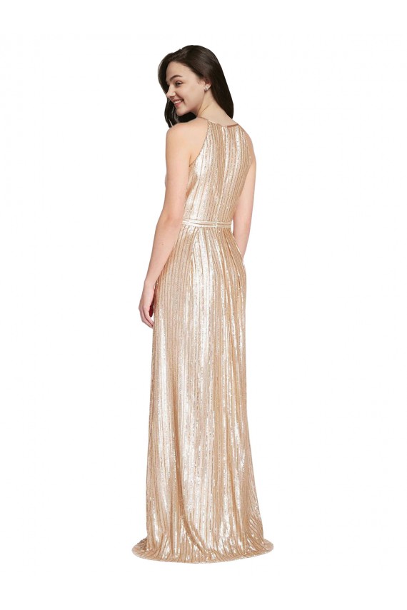 Cheapest Floor Length Halter Neck Sparkling Sequin Prom Dress with Pleats