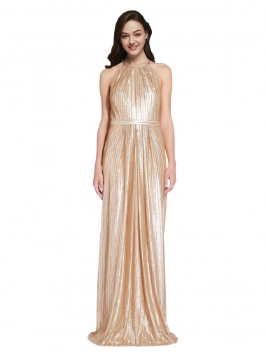 Cheapest Floor Length Halter Neck Sparkling Sequin Prom Dress with Pleats