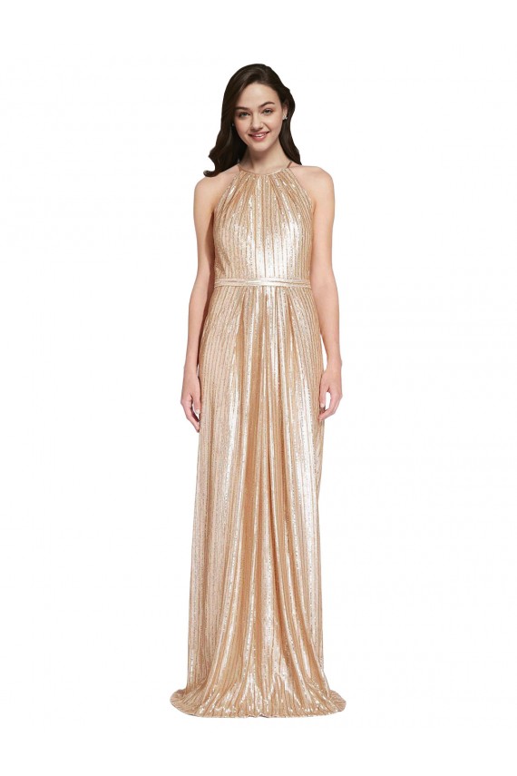 Cheapest Floor Length Halter Neck Sparkling Sequin Prom Dress with Pleats