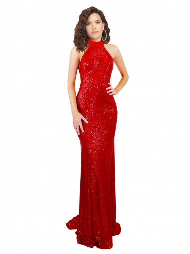 Cheapest Halter High Neck Mermaid Open Back Sequin Prom Dress