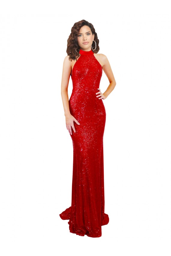 Cheapest Halter High Neck Mermaid Open Back Sequin Prom Dress