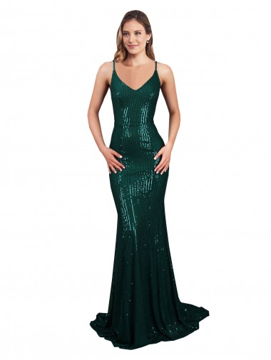 Cheapest Fishtail Shaped V-Neck Open Back Long Sequin Prom Dress