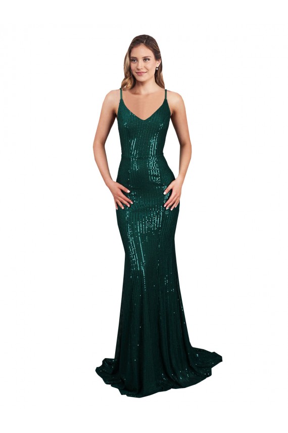 Cheapest Fishtail Shaped V-Neck Open Back Long Sequin Prom Dress