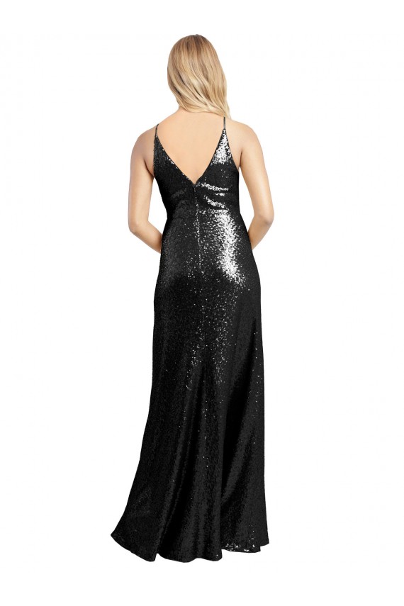 Cheapest Full Length A-Line Sequin Prom Dress with Spaghetti Straps V-Neckline