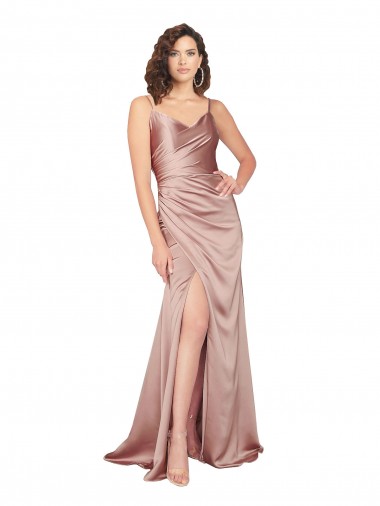 Cheapest Floor Length Silky Satin Prom Dress with Front Skirt Slit