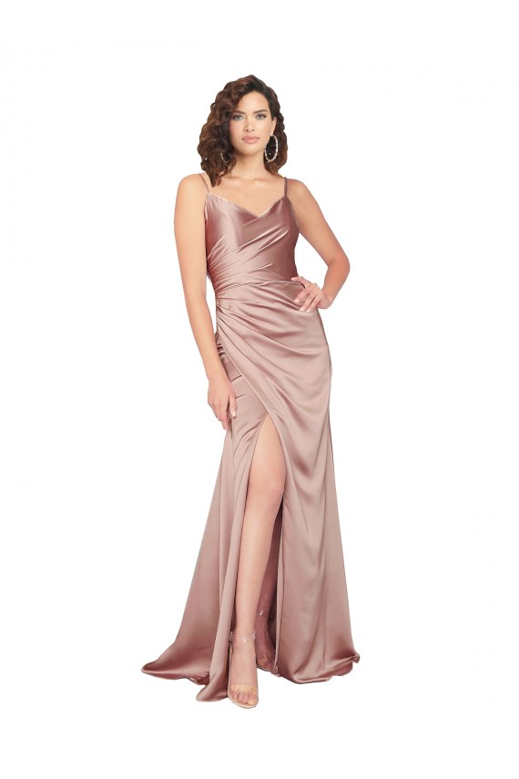 Cheapest Floor Length Silky Satin Prom Dress with Front Skirt Slit