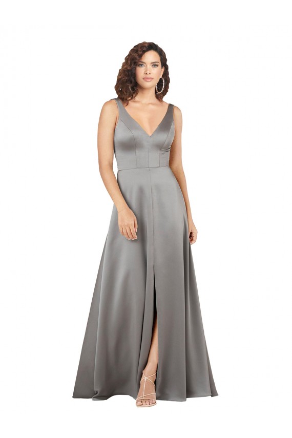 Cheapest Plunging V-Neckline Long A-Line Silky Satin Prom Dress