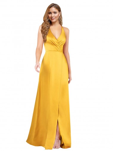 Cheapest Halter A-Line Silky Satin Prom Dress with V-Neckline and Slit