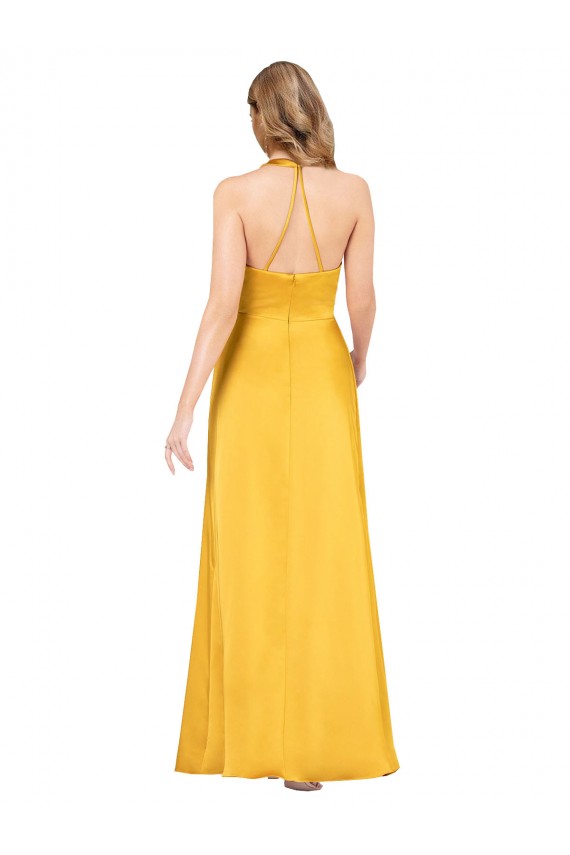 Cheapest Halter A-Line Silky Satin Prom Dress with V-Neckline and Slit