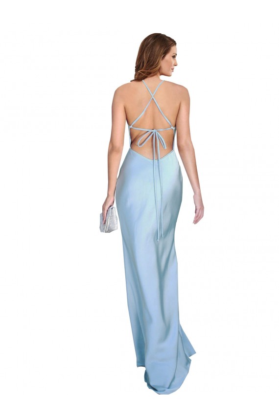 Cheapest Open Back with Ties Cowl Neck Sheath Silky Satin Long Bridessmaid Dress