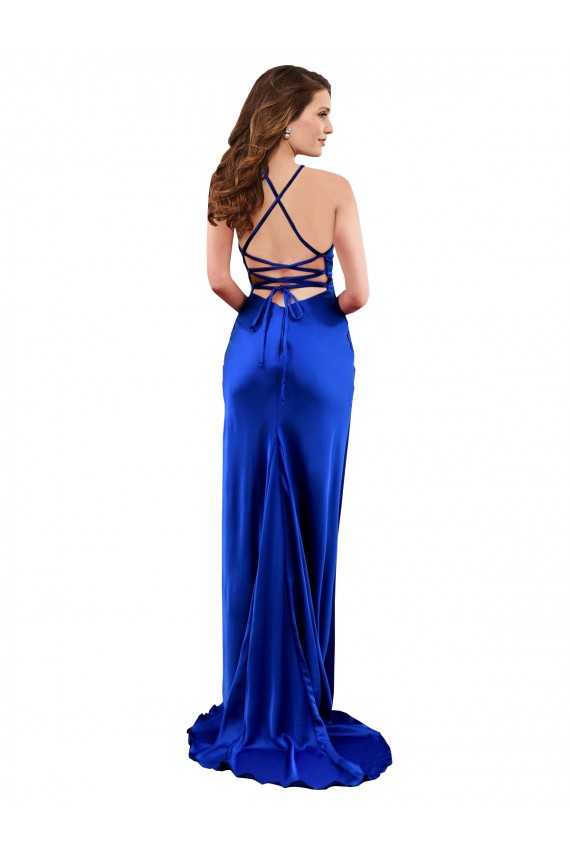 Cheapest Open Back Cowl Neck Long Silky Satin Prom Dress
