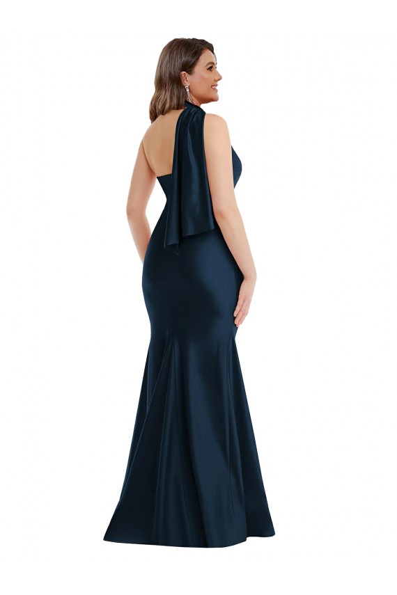 Cheapest Scarf Neck One Shoulder Silky Satin Mermaid Prom Dress with Front Slit