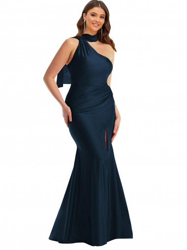 Cheapest Scarf Neck One Shoulder Silky Satin Mermaid Prom Dress with Front Slit