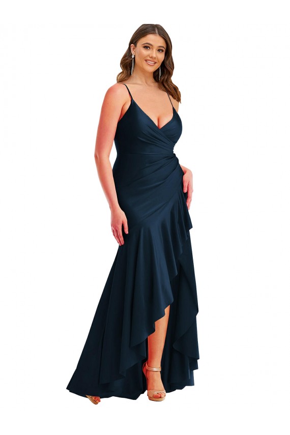Cheapest Pleated Wrap Ruffled High Low Silky Satin Prom Dress