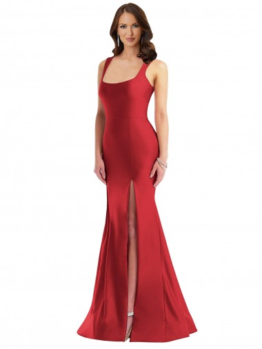 Cheapest Square Neck Silky Satin Mermaid Prom Dress with Side Slit