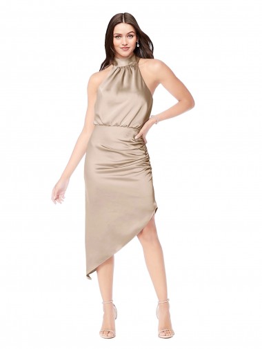 Cheapest Silky Satin High Low Midi Length Cocktail Prom Dress / Homecoming Dress with Asymmetric Skirt