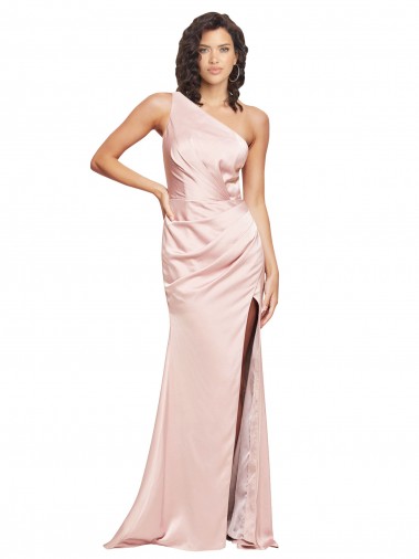 Cheapest Full Length Ruched Silky Satin Prom Dress with Low Back and High Split