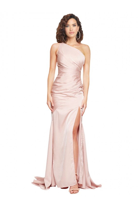 Cheapest Full Length One Shoulder Long Silky Satin Prom Dress with High Split