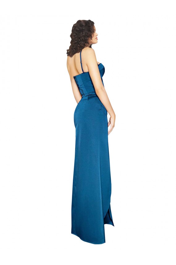 Cheapest Full Length Bustier Style Long Silky Satin Prom Dress with Low Back