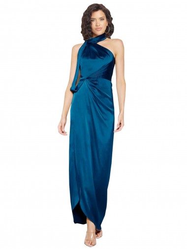 Cheapest High Halter Neck Silky Satin Prom Dress with Sash Overlay and Side Split
