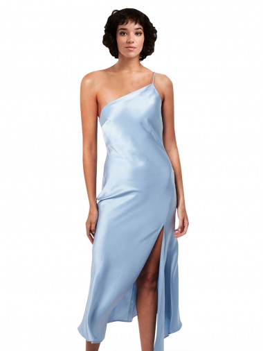 Cheapest Midi Length Short Silky Satin Cocktail Prom Dress / Homecoming Dress with Asymmetric Neckline and High Side Split