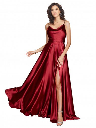 Cheapest Cowl Neckline Long Silky Satin Prom Dress with Spaghetti Straps
