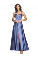 Cheapest Deep V-Neck Sweetheart Long Silky Satin Prom Dress with Thigh High Slit