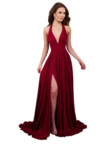 Cheapest A-Line Halter Plunge V-Neckline Open Back Spandex Prom Dress with Slit
