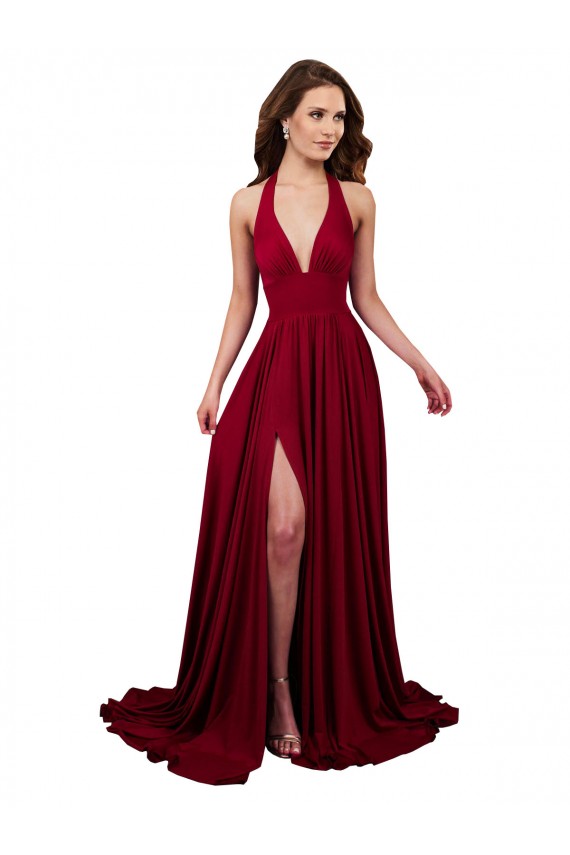 Cheapest A-Line Halter Plunge V-Neckline Open Back Spandex Prom Dress with Slit