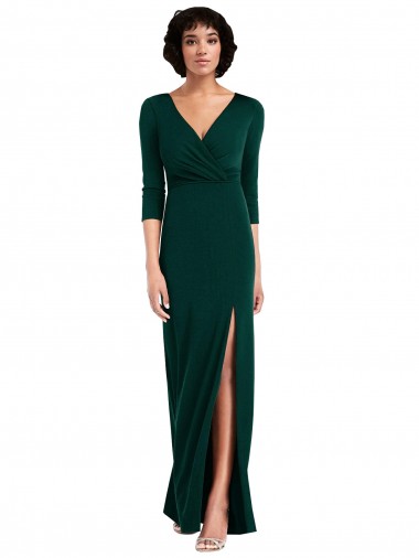 Cheapest Floor Length 3/4 Sleeves V-Back Draped Wrap Maxi Spandex Prom Dress