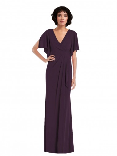 Cheapest Faux Wrap Split Sleeves Maxi Spandex Prom Dress with Cascade Skirt