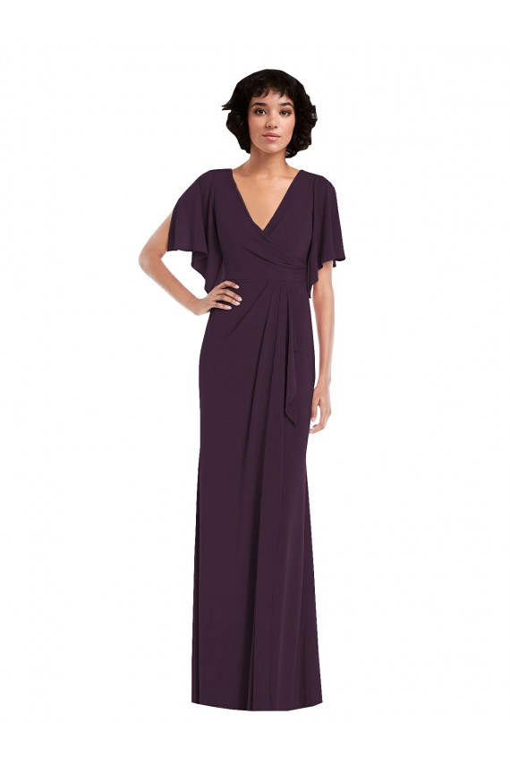 Cheapest Faux Wrap Split Sleeves Maxi Spandex Prom Dress with Cascade Skirt