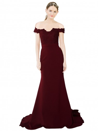 Cheapest Full Length Off the Shoulder Formal Crepe Prom Dress with Lace On Bodice and Back