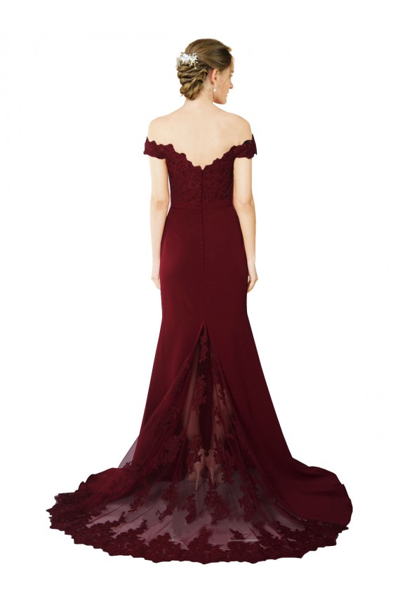 Cheapest Full Length Off the Shoulder Formal Crepe Prom Dress with Lace On Bodice and Back