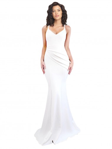 Cheapest Fishtail Shape Spaghetti Straps Open Back Crepe Prom Dress with Ruffles