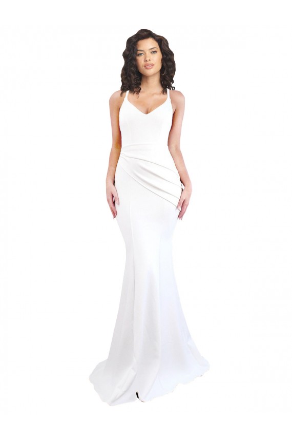 Cheapest Fishtail Shape Spaghetti Straps Open Back Crepe Prom Dress with Ruffles