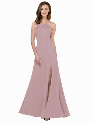 Cheapest High Neck Crepe Prom Dress with Pleats and Keyhole Back