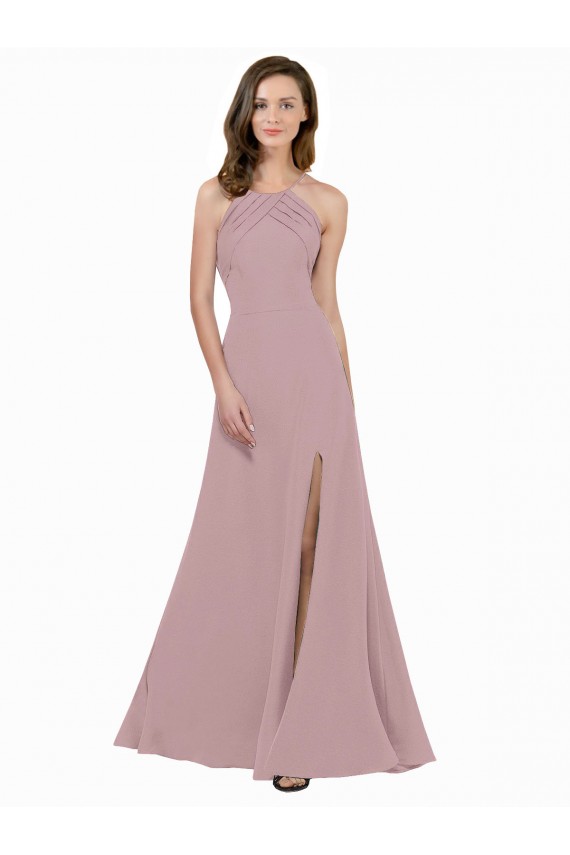 Cheapest High Neck Crepe Prom Dress with Pleats and Keyhole Back