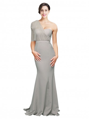Cheapest Long Sweep Train Sweetheart Crepe Prom Dress with Tulle One Shoulder