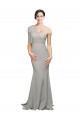 Cheapest Long Sweep Train Sweetheart Crepe Prom Dress with Tulle One Shoulder